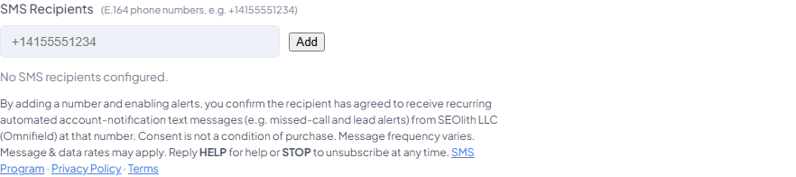 Omnifield Alerts settings: SMS Recipients field with the SEOlith LLC (Omnifield) consent disclosure displayed beneath it